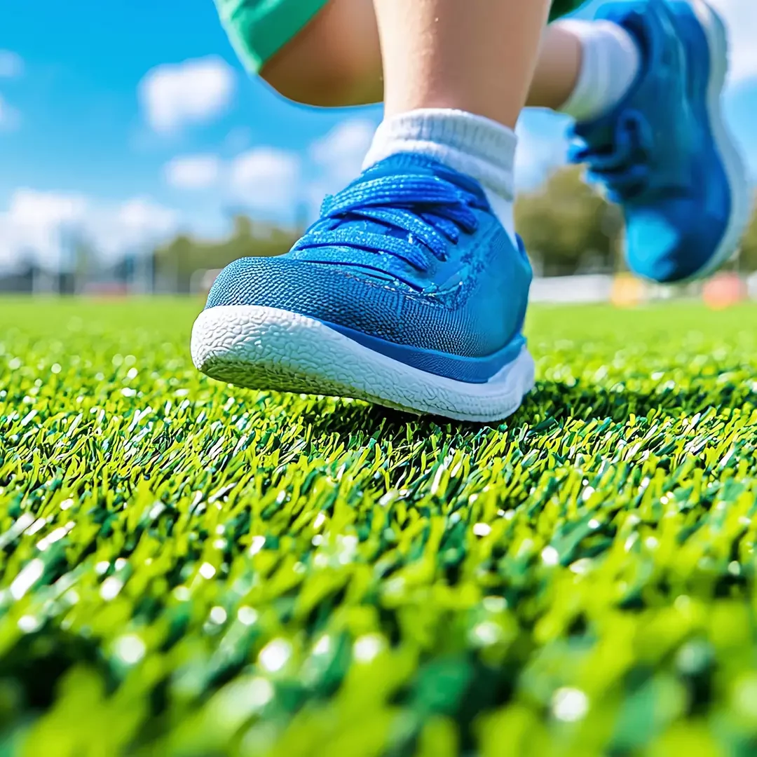 Closeup of child running on turf grass